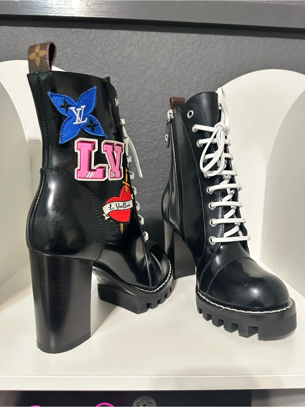 Louis Vuitton Black Leather Lace-Up Platform Patchwork Ankle Boots - Picture 5 of 9